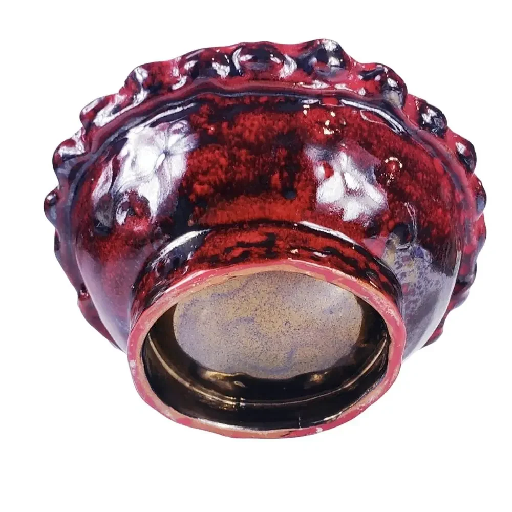 Studio Pottery Trinket Bowl Red Gunmetal Glaze Notched Rim Decor